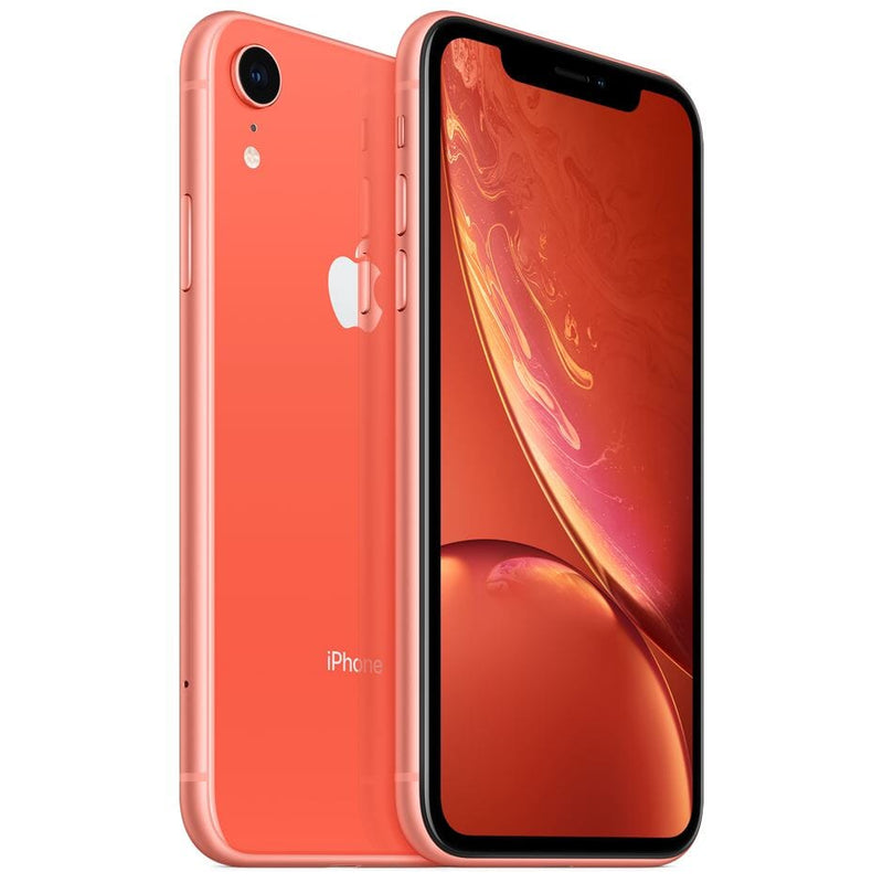 Angled view of front and back of Apple iPhone XR - Fully Unlocked (Refurbished) in coral