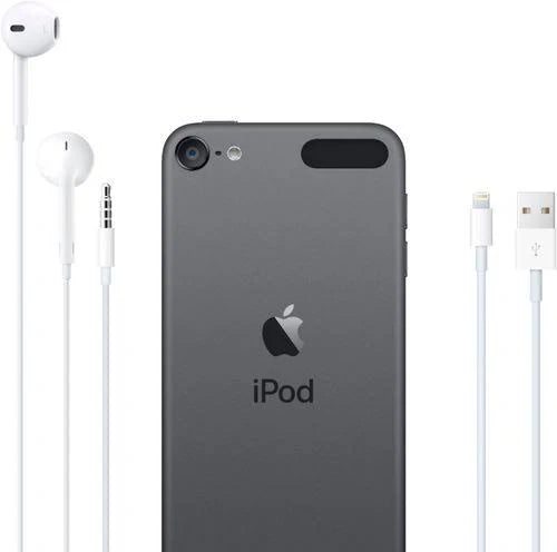 Back view of Apple iPod Touch 7th Generation (Refurbished) in grey next to charging wire and wired headphones
