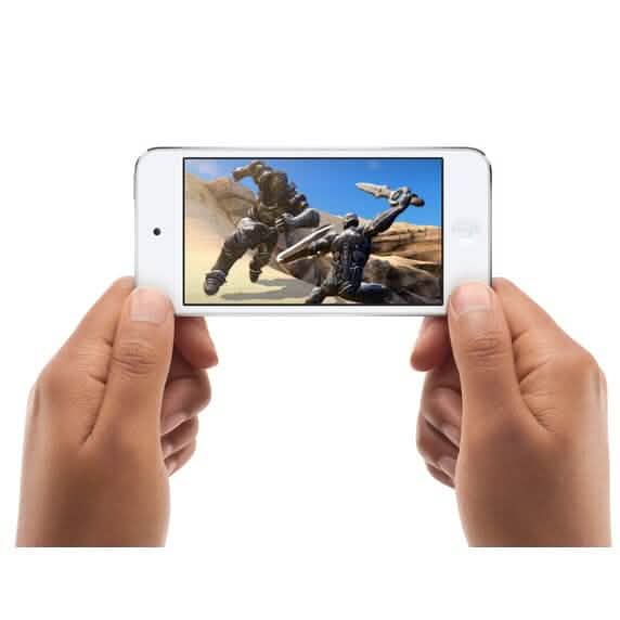 Two hands holding an Apple iPod Touch 7th Generation (Refurbished) displaying a movie