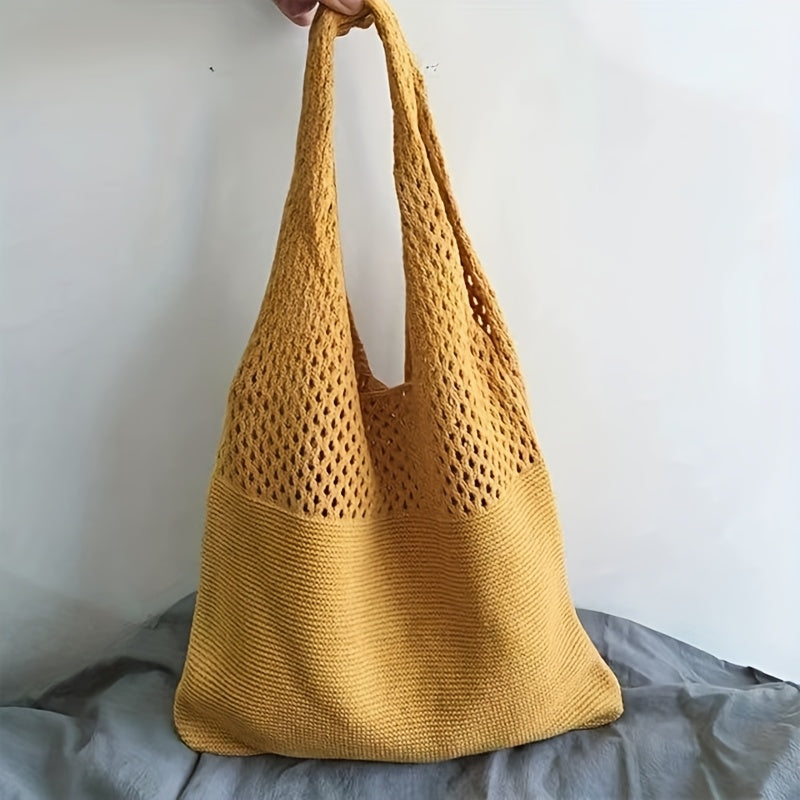 Mustard crochet knit mesh tote shoulder bag
