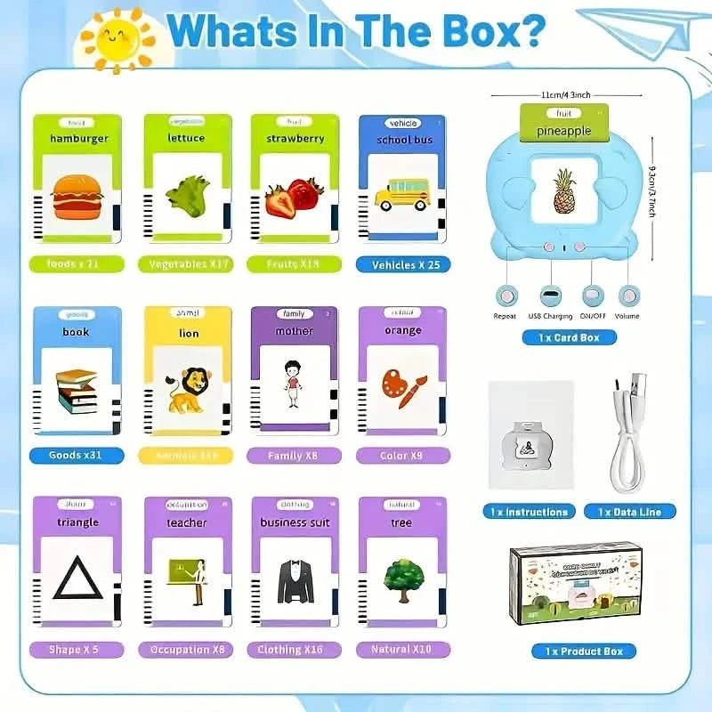 Flash Card Learning Toy – 112 Cards, 224 Words | USB Rechargeable Reading Toy for Kids (Pink/Blue)