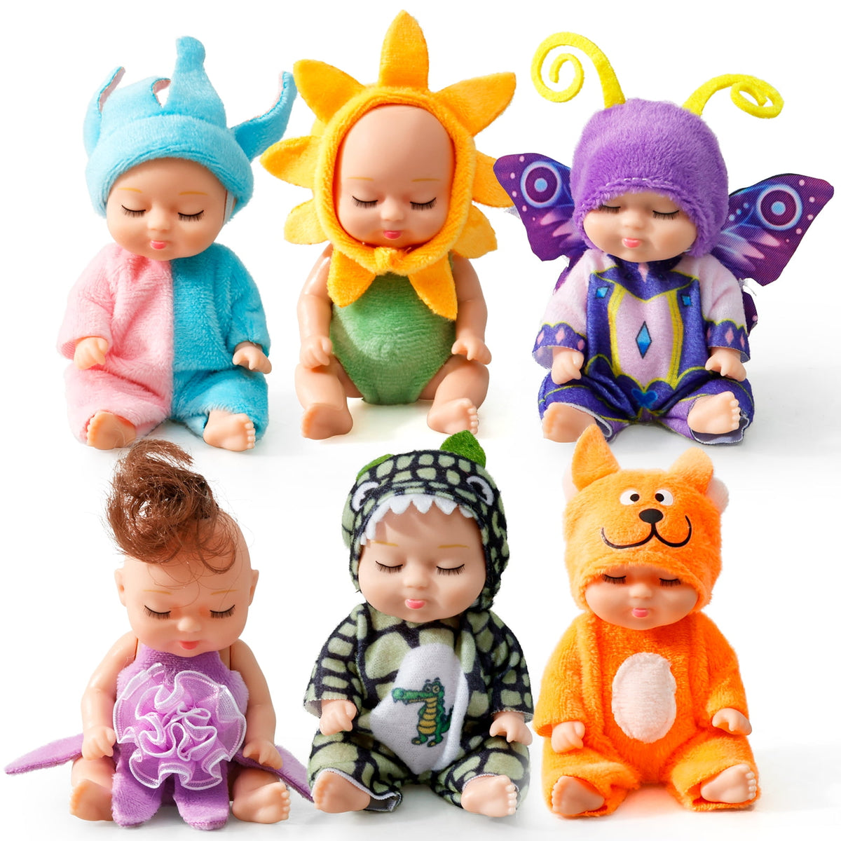 All six dolls lined up in their outfits