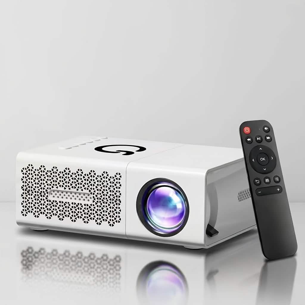White portable projector with its remote control