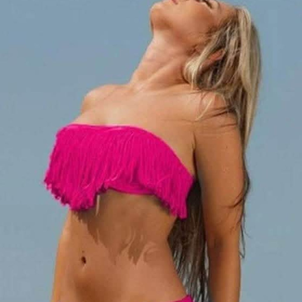 Pink fringe bandeau bikini top and bottoms