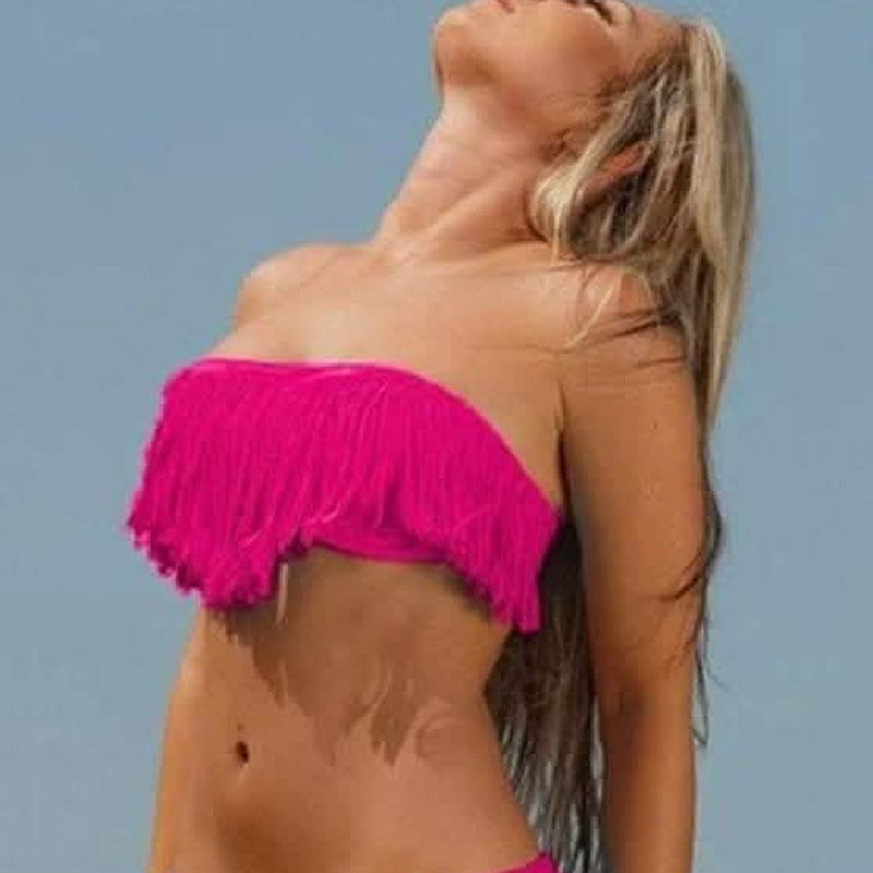 Pink fringe bandeau bikini top and bottoms