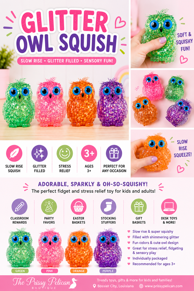 Glitter Crystal Owl Squishy Toy | Slow Rise Sensory Fidget | Stress Relief Squeeze Toy for Kids & Adults
