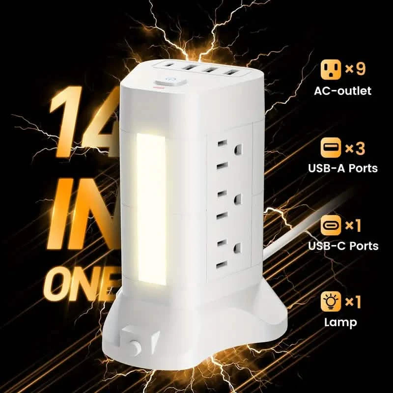 14-in-1 Power Strip Tower with 4 USB Ports & 9 AC Outlets, 10ft Extension Cable, Adjustable 3-Color Night Light