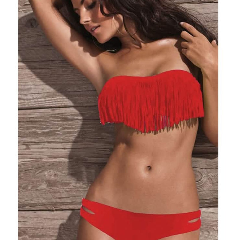 Red fringe bandeau bikini top and bottoms