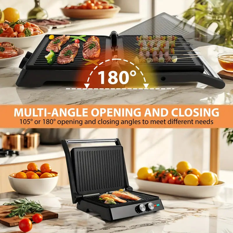 3-in-1 Electric Indoor Non-Stick Grill & Panini Press Sandwich Maker with Adjustable Temperature Control and Grease Tray