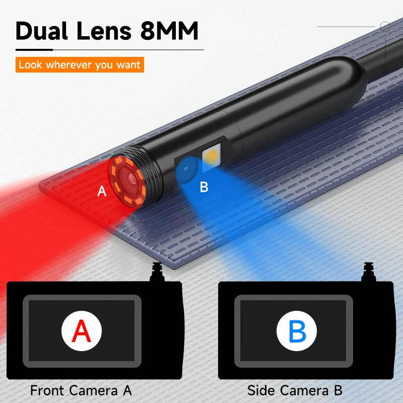 Dual lens 8 mm probe showing front camera A and side camera B