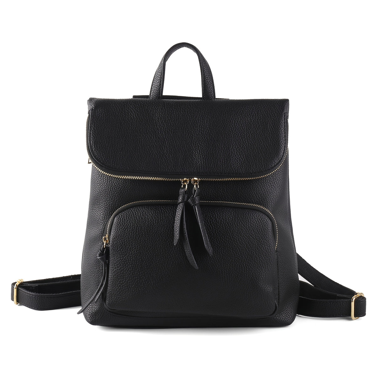 Black flap backpack, front view