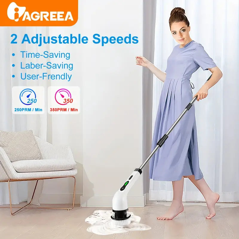 Electric Rotary Scrubber with Replaceable 8 Brush Heads and Adjustable Extension Handle