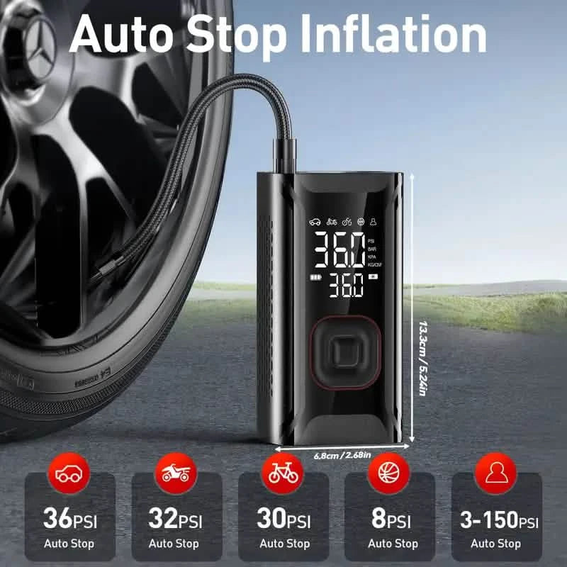 Tire Inflator Portable Air Compressor – Cordless 150PSI Pump with 10000mAh Battery for Car, Bike, Motorcycle, and Ball