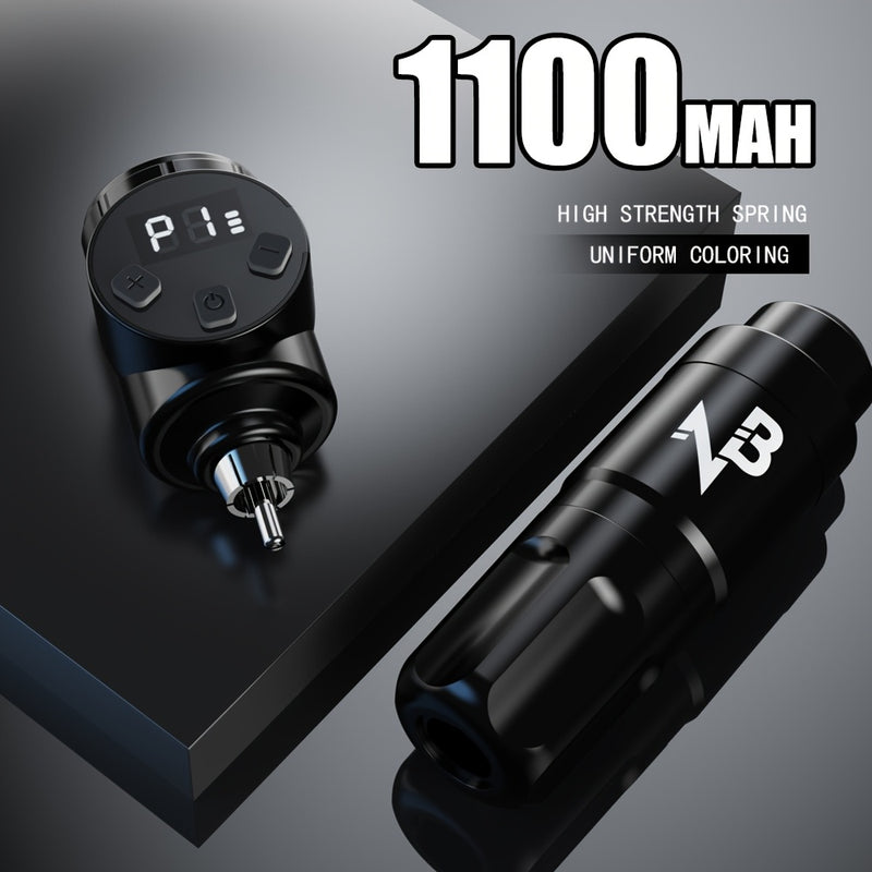 Wireless tattoo machine grip and pen body showing the 1100mAh rechargeable battery design