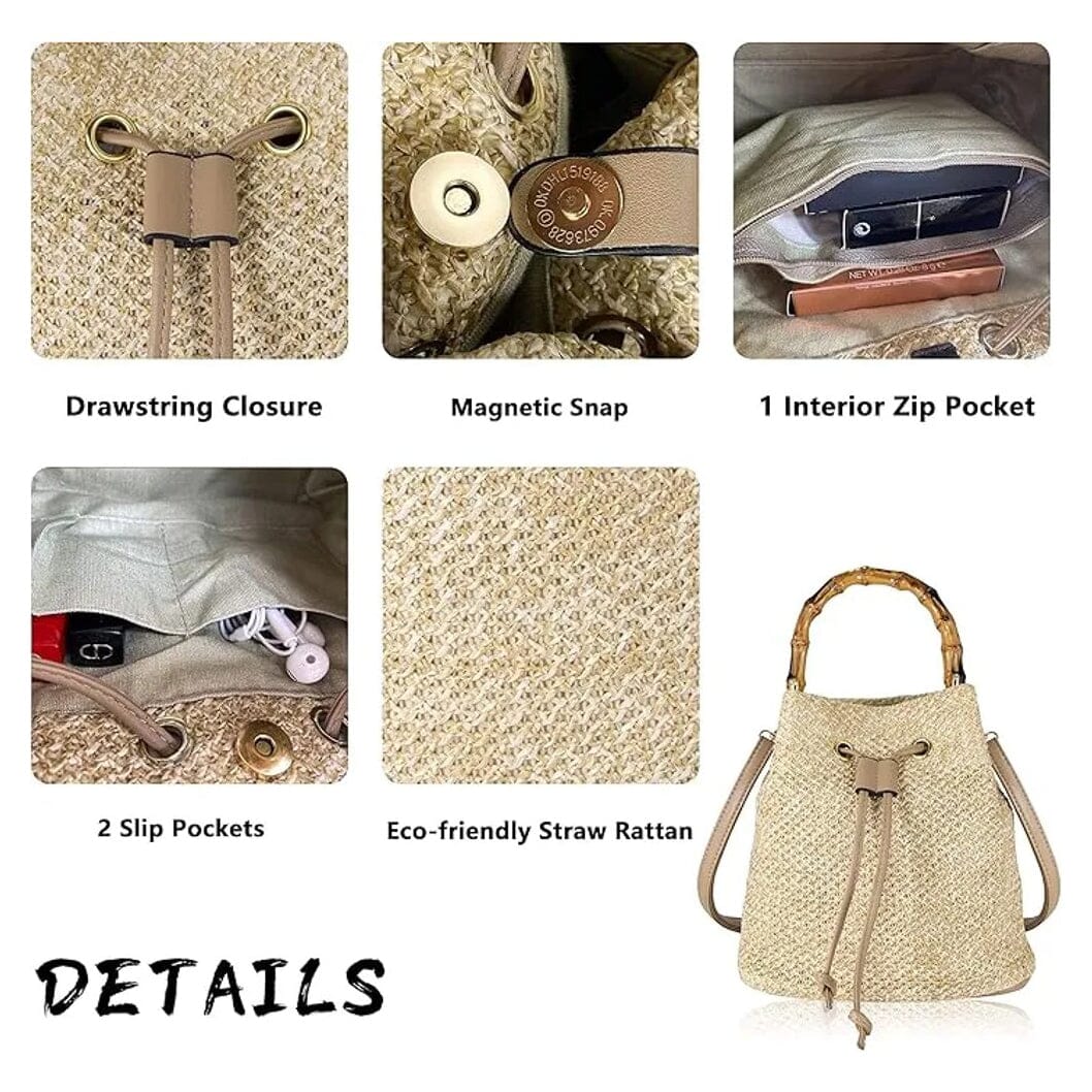 Bamboo Handle Women Crossbody Bucket Handbag Purse Bags & Travel - DailySale