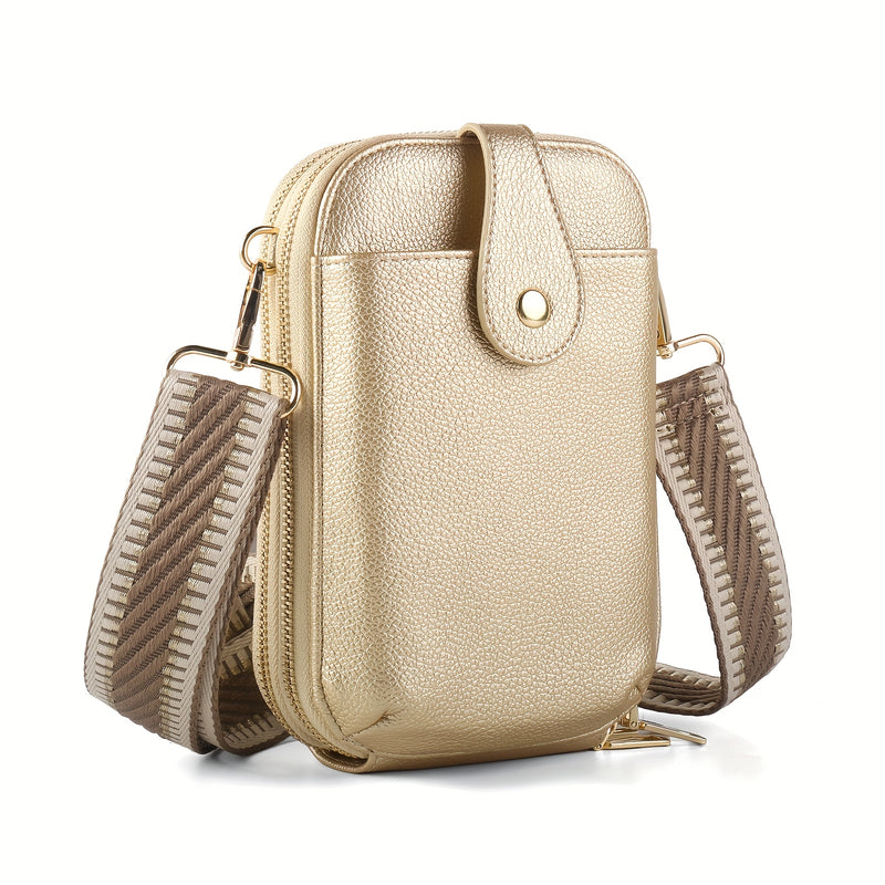 Gold phone crossbody bag with wide quilted strap