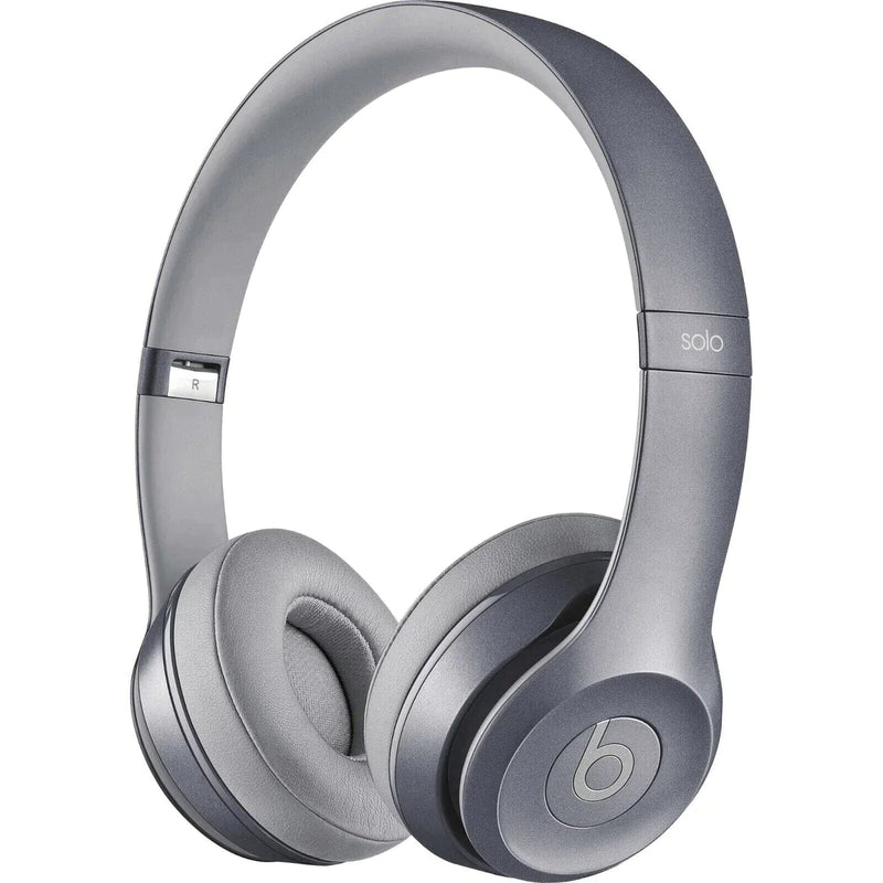 Angled view of Beats by Dr. Dre Solo 2 Wired On-Ear Headphone Solo2 (Refurbished) in metallic sky
