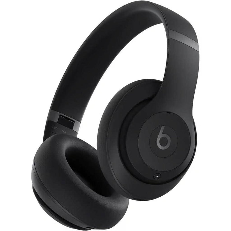 Angled view of a pair of black Beats Studio Pro Wireless Bluetooth Noise Cancelling Headphones (Refurbished) from below
