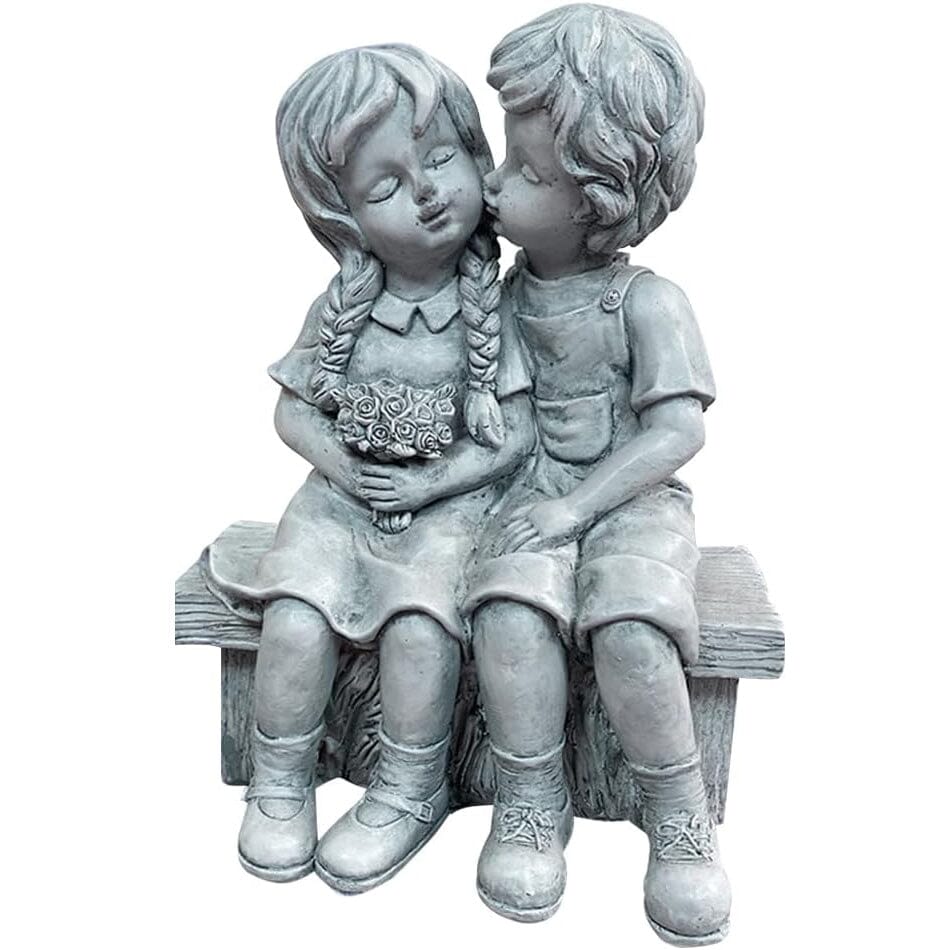 Boy Kissing Girl Statue Sitting on Bench Figurine Garden & Patio - DailySale