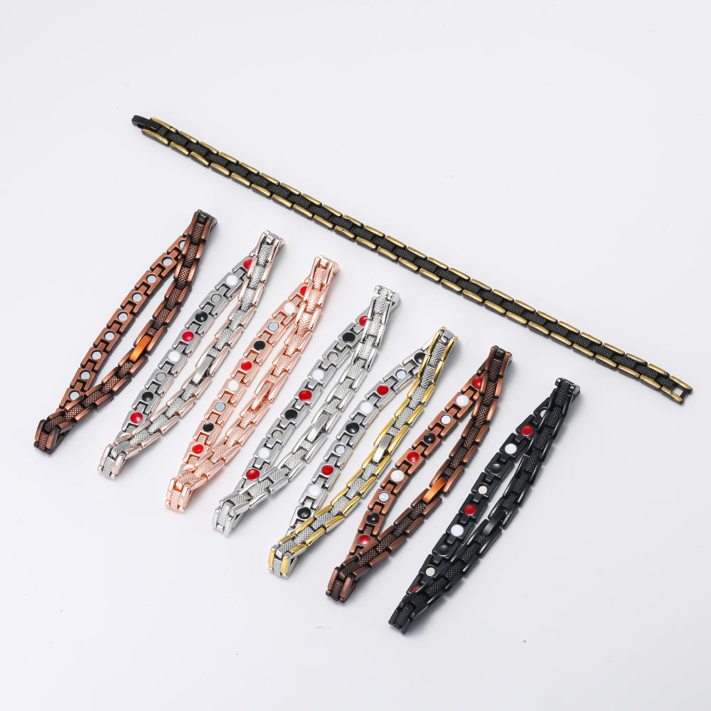 Close-up of the link detail and magnet inserts on the bracelets