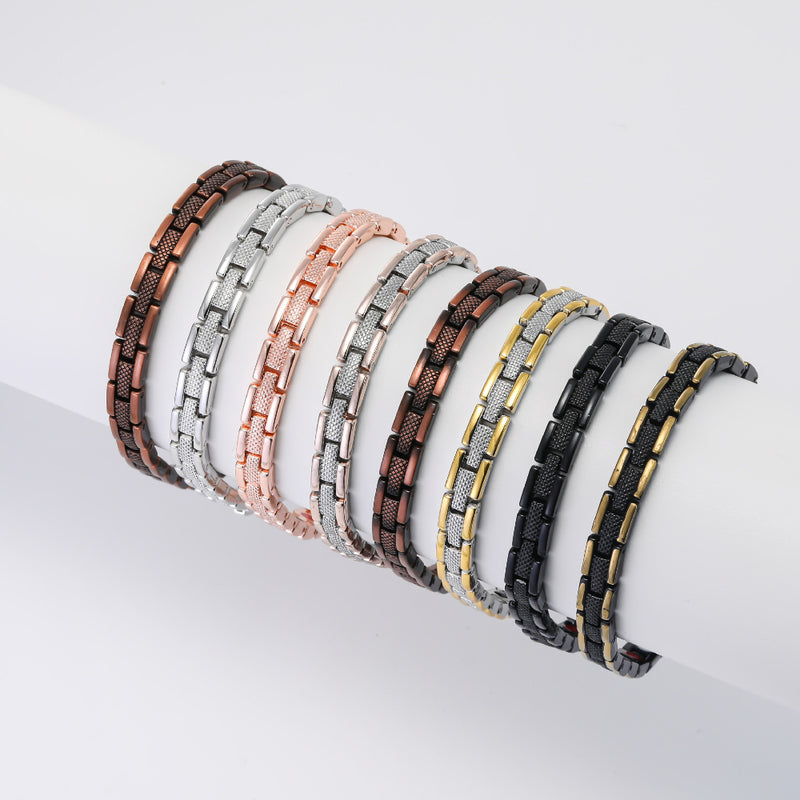 Eight magnetic link bracelets in rose gold, silver, gold, copper, bronze and black finishes