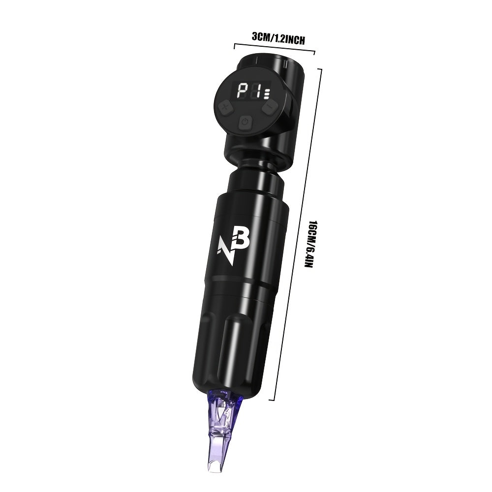 Wireless tattoo machine shown with dimensions, 16cm long and 3cm across the display