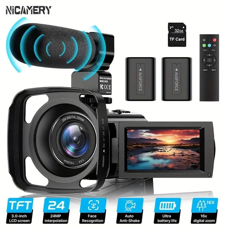 16x Zoom 1080P HD Digital Camera Bundle with 2 Batteries, 32G TF Card, Mic, Hood & Bag