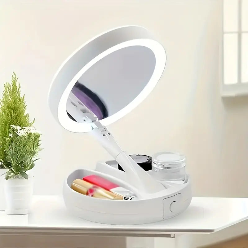 LED Vanity Mirror with Storage Tray, Dual-Sided 1X & 10X Magnification