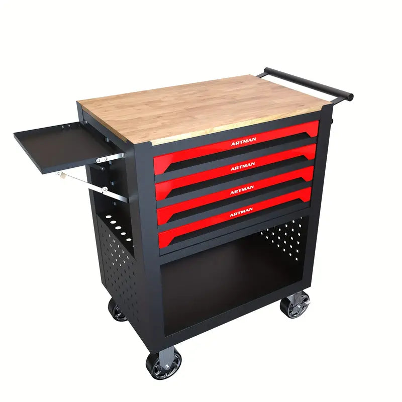 4 Drawers Multifunctional Tool Cart With Wheels And Wooden Top