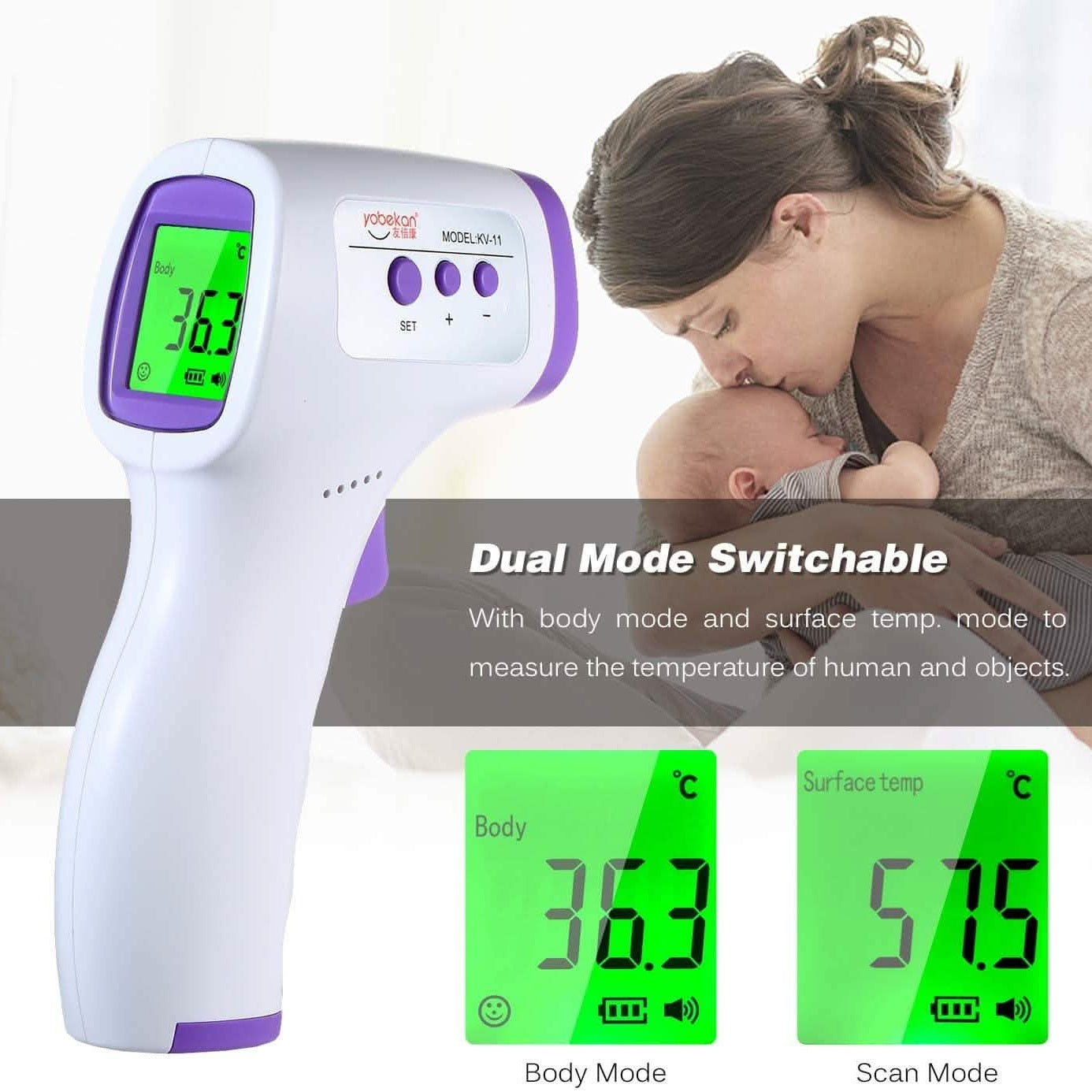 Non-contact forehead thermometer in use