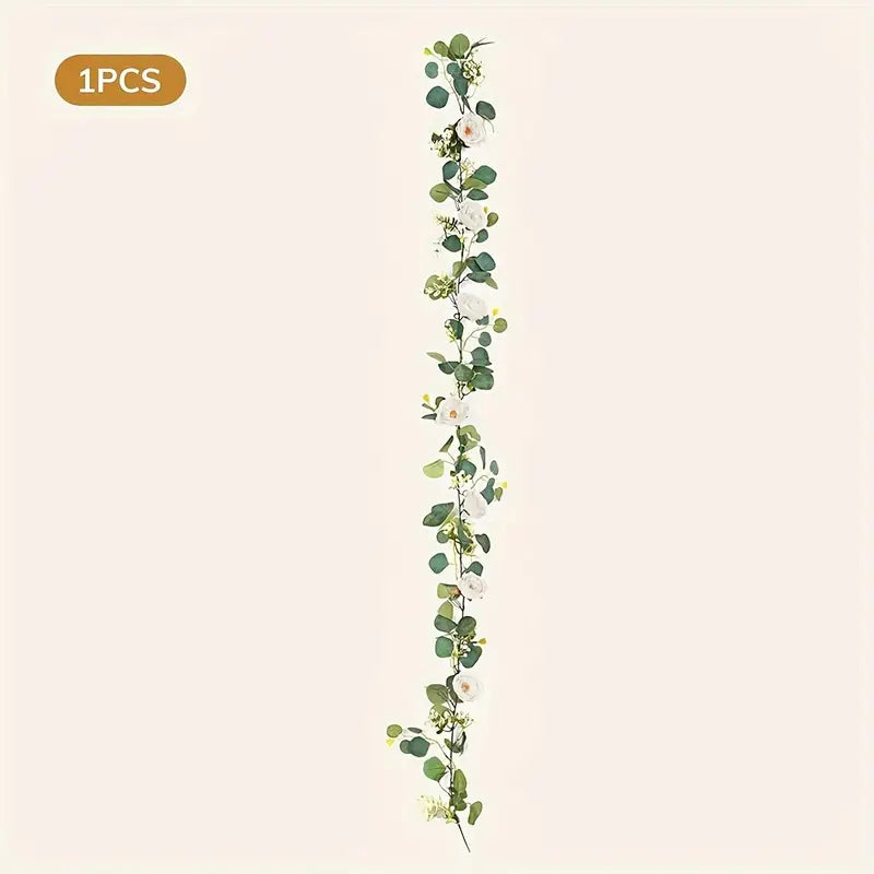 Artificial Eucalyptus Garland With Fake Roses & Gypsophila, Faux Floral Greenery