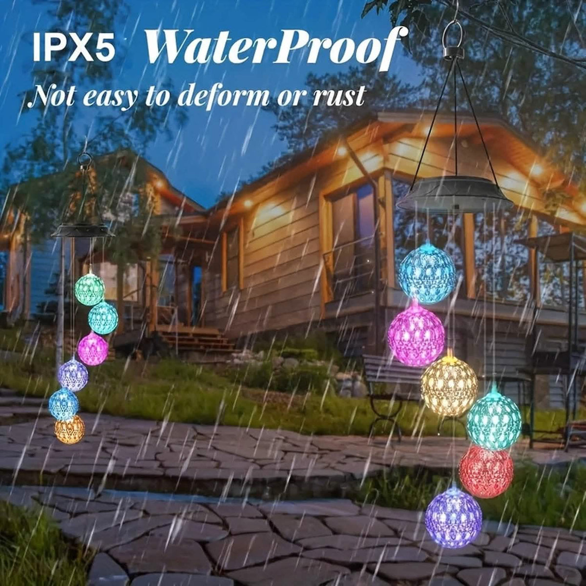 IPX5 water resistant, shown hanging outside in the rain
