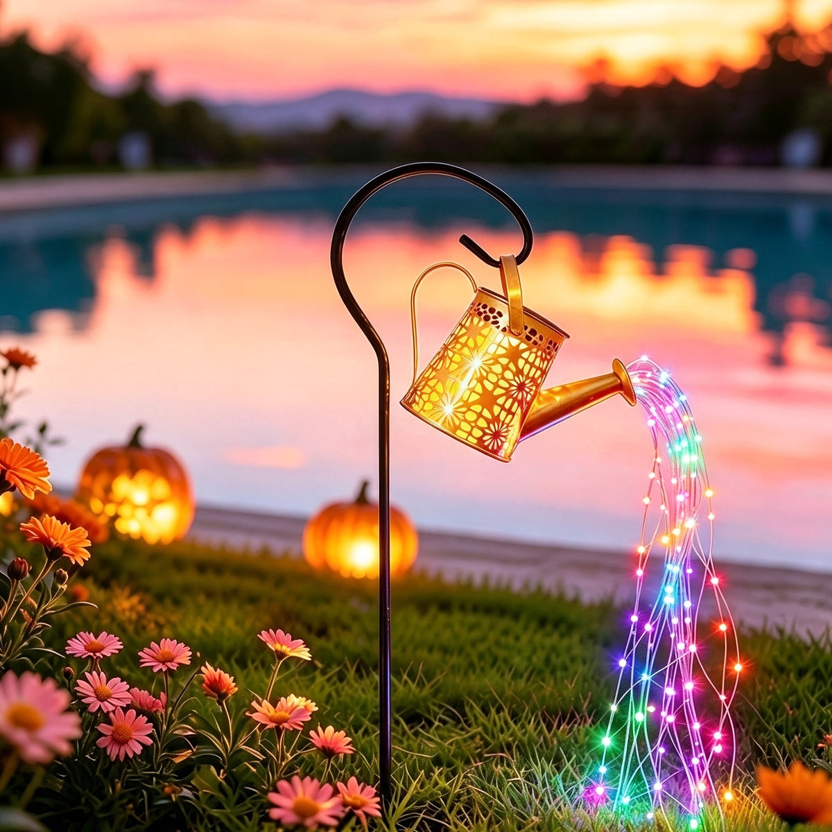 Multicolor watering can light beside a pool at sunset