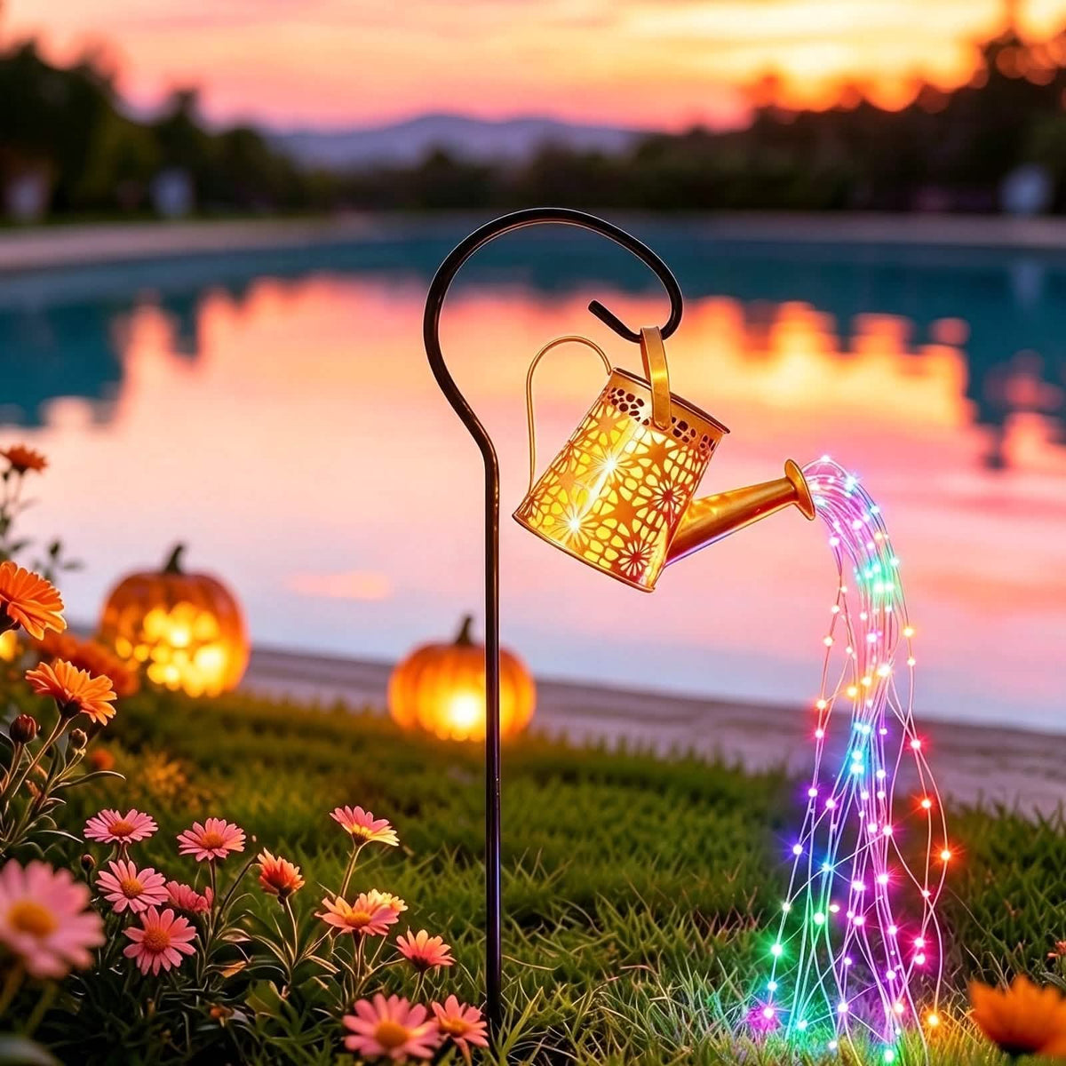 Multicolor watering can light beside a pool at sunset