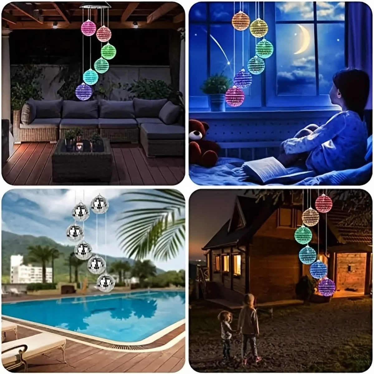 Hung on a patio, by a pool, in a window and in a bedroom