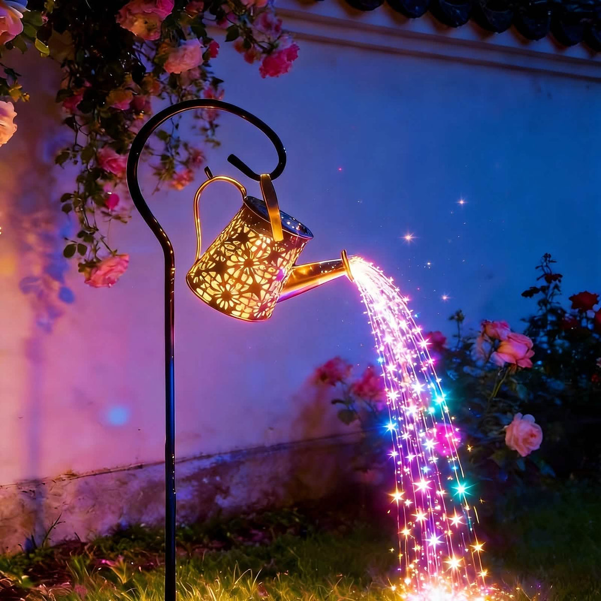 Multicolor strands pouring against a wall with climbing flowers at night