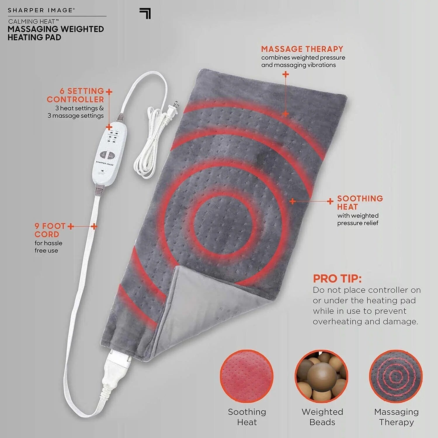 Calming Heat Massaging Weighted Heating Pad by Sharper Image (Refurbished) Wellness - DailySale