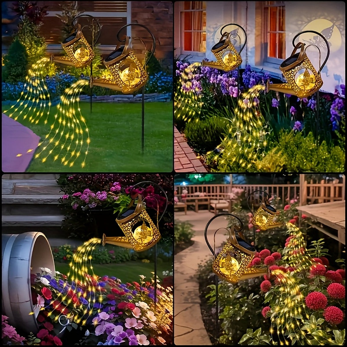 The cut-metal can with its floral and butterfly pattern lit from inside