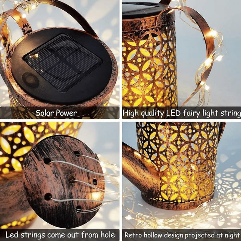 Solar panel, LED fairy string, strings exiting the spout, and the hollow pattern projected at night