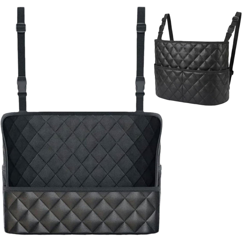 Black quilted car seat handbag holder, front and side