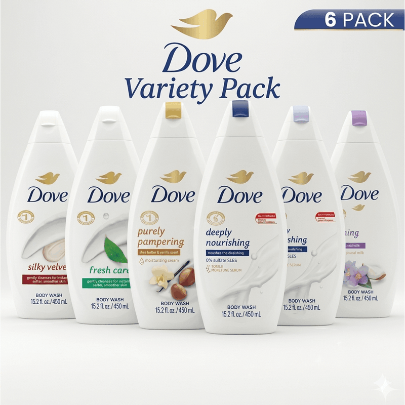 Dove body wash variety pack of six 450ml bottles in assorted scents