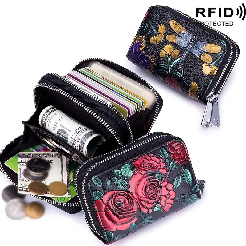 Women's Floral Faux Leather Double Zipper Card Holder and Coin Purse