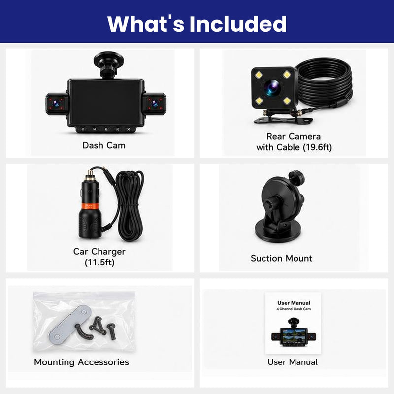 What's included: dash cam, rear camera with cable, car charger, suction mount, mounting accessories, user manual