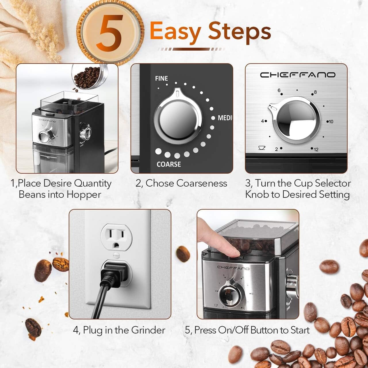 CHEFFANO BG701 Burr Coffee Grinder, Electric Coffee Bean Grinder [150W Max] with 8.8oz Large Bean Hopper & 17 Grinding Settings & High Up to 12 Cups Options for Espresso, French, (Black) Kitchen Appliances - DailySale