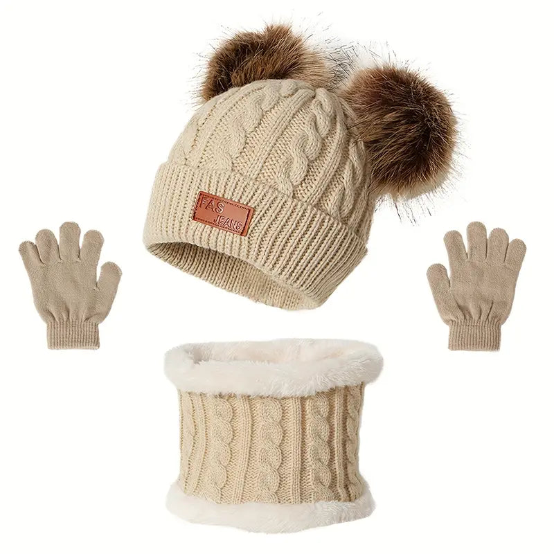 Children's Winter Knitted Wool Lining Warm Hat, Scarf, Glove Set For 2-5 Year Old Boys And Girls Kids' Clothing Beige - DailySale