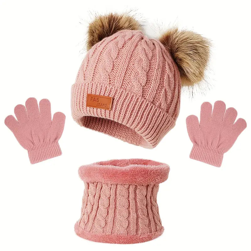 Children's Winter Knitted Wool Lining Warm Hat, Scarf, Glove Set For 2-5 Year Old Boys And Girls Kids' Clothing Dark Pink - DailySale