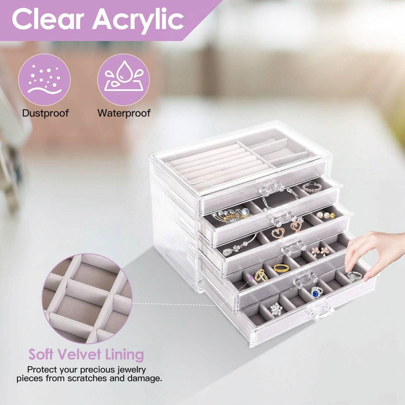 Clear Acrylic Jewelry Box Organizer with 5 Stackable Drawers Closet & Storage - DailySale