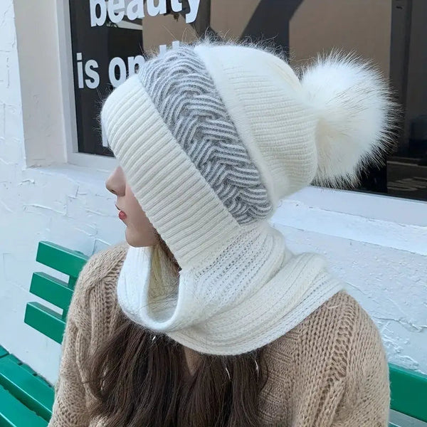 Coldproof Warm Beanie With Pom Classic Hooded Scarf Elastic Knit Hats Warm Beanies Women's Shoes & Accessories Beige - DailySale