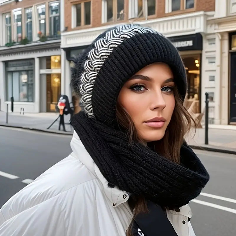 Coldproof Warm Beanie With Pom Classic Hooded Scarf Elastic Knit Hats Warm Beanies Women's Shoes & Accessories Black - DailySale