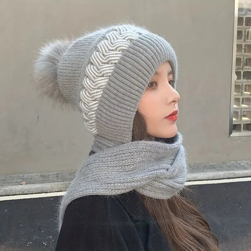 Coldproof Warm Beanie With Pom Classic Hooded Scarf Elastic Knit Hats Warm Beanies Women's Shoes & Accessories Gray - DailySale